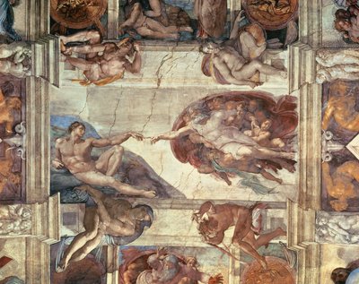 De schepping van Adam, detail van het plafond van de Sixtijnse Kapel door Michelangelo Buonarroti